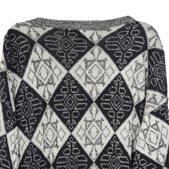 Vintage Argyle Patchwork Black White Long Sleeve Knit Pullover Men's Size Medium - Picture 7 of 8